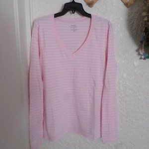 Lord & Taylor Pink & White Stripe V Neck Tee L